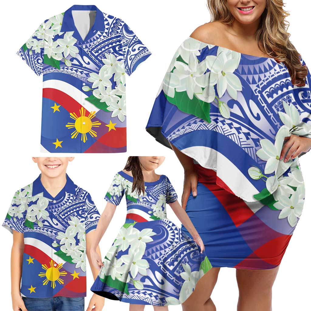 Philippines Flag Family Matching Off Shoulder Short Dress and Hawaiian Shirt Sampaguita Jasmine with Polynesian Tribal LT9 - Polynesian Pride