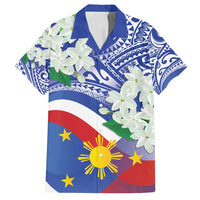 Philippines Flag Family Matching Off Shoulder Short Dress and Hawaiian Shirt Sampaguita Jasmine with Polynesian Tribal LT9 Dad's Shirt - Short Sleeve Blue - Polynesian Pride