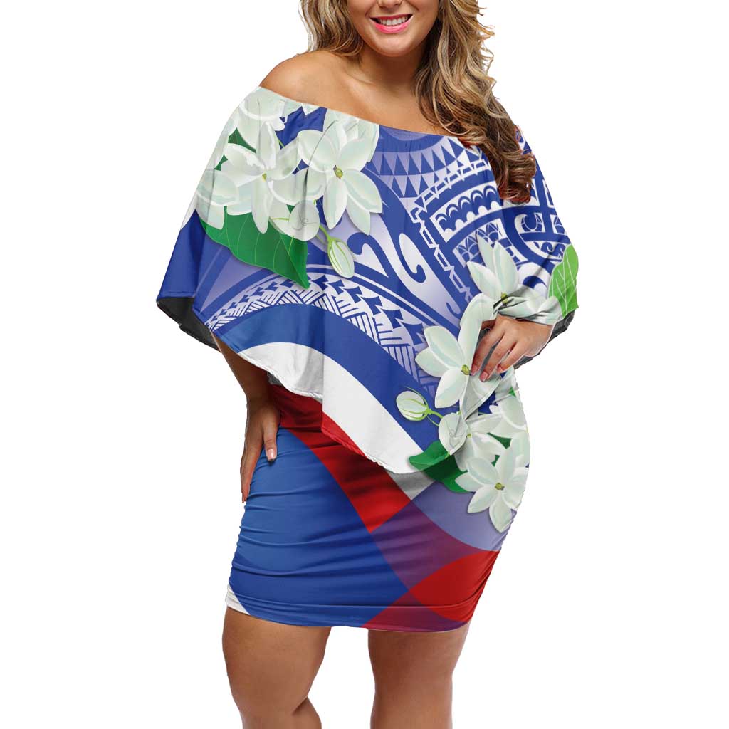 Philippines Flag Family Matching Off Shoulder Short Dress and Hawaiian Shirt Sampaguita Jasmine with Polynesian Tribal LT9 Mom's Dress Blue - Polynesian Pride