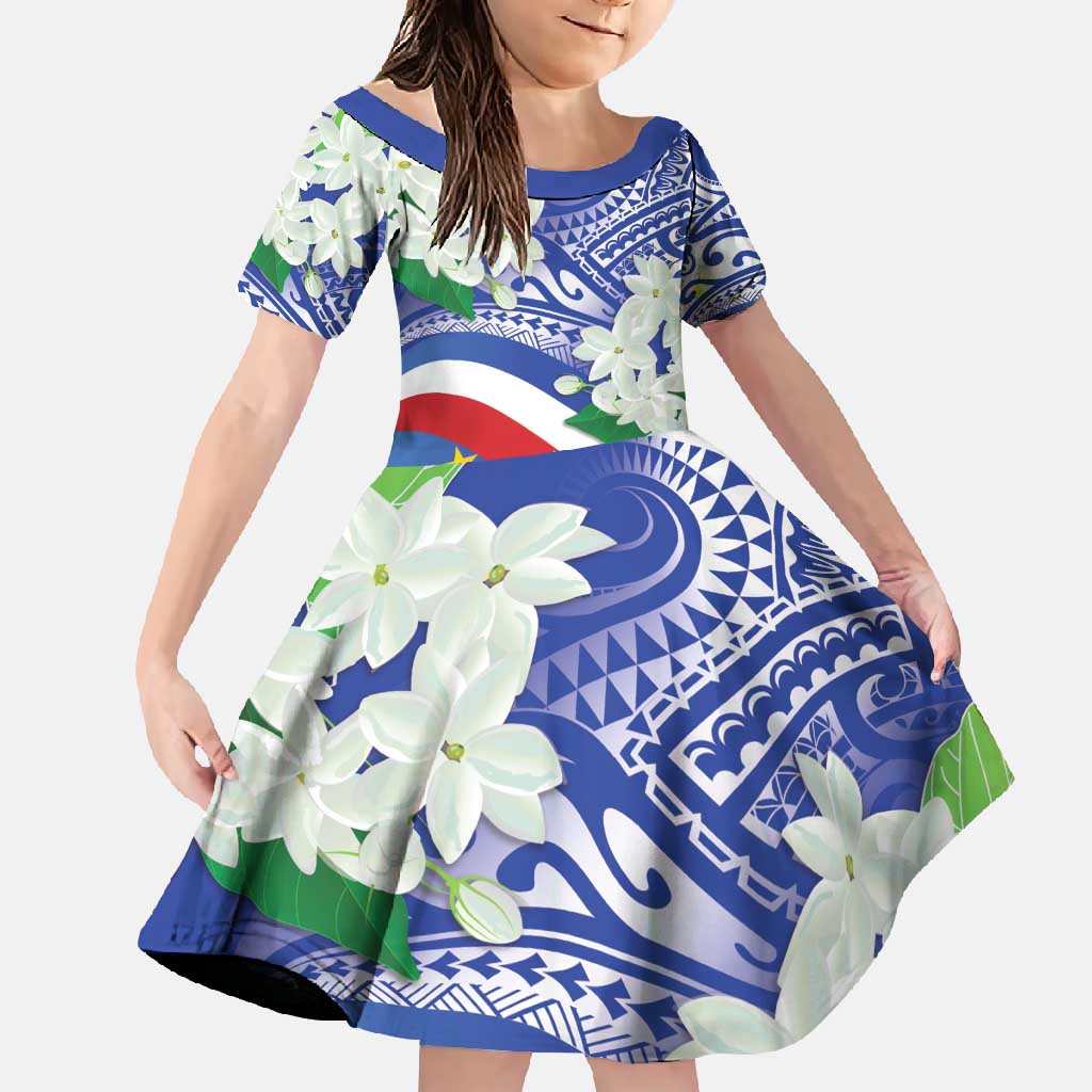 Philippines Flag Family Matching Summer Maxi Dress and Hawaiian Shirt Sampaguita Jasmine with Polynesian Tribal LT9 Daughter's Dress Blue - Polynesian Pride