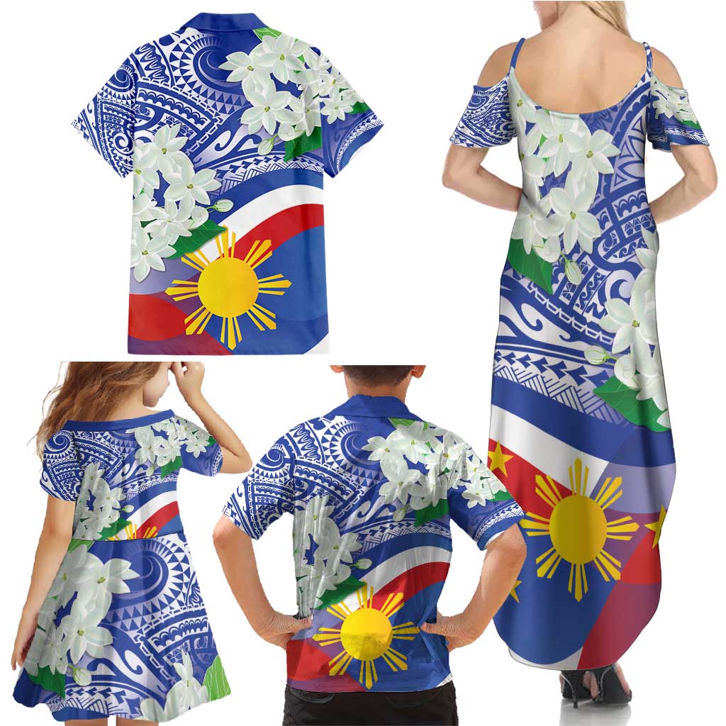 Philippines Flag Family Matching Summer Maxi Dress and Hawaiian Shirt Sampaguita Jasmine with Polynesian Tribal LT9 - Polynesian Pride
