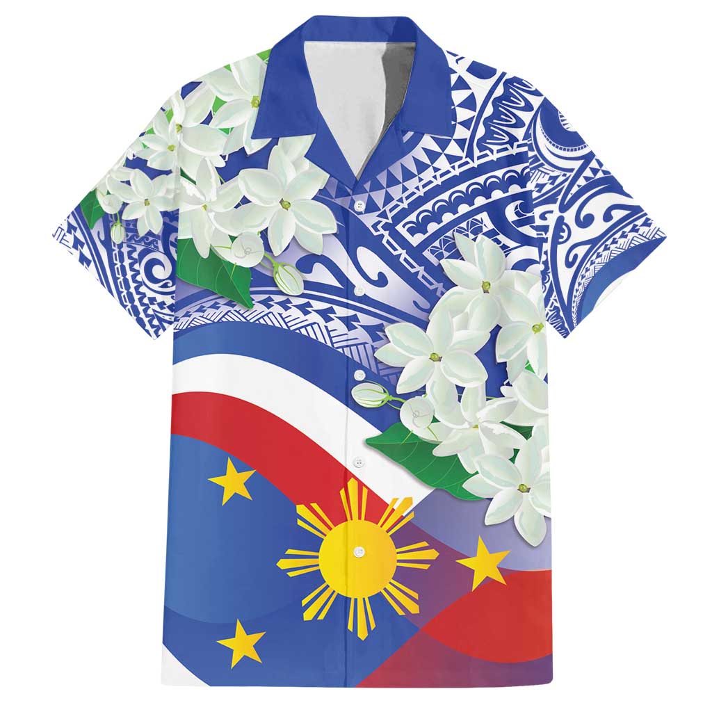 Philippines Flag Family Matching Summer Maxi Dress and Hawaiian Shirt Sampaguita Jasmine with Polynesian Tribal LT9 Dad's Shirt - Short Sleeve Blue - Polynesian Pride