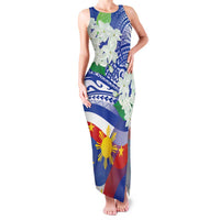 Philippines Flag Family Matching Tank Maxi Dress and Hawaiian Shirt Sampaguita Jasmine with Polynesian Tribal LT9 Mom's Dress Blue - Polynesian Pride
