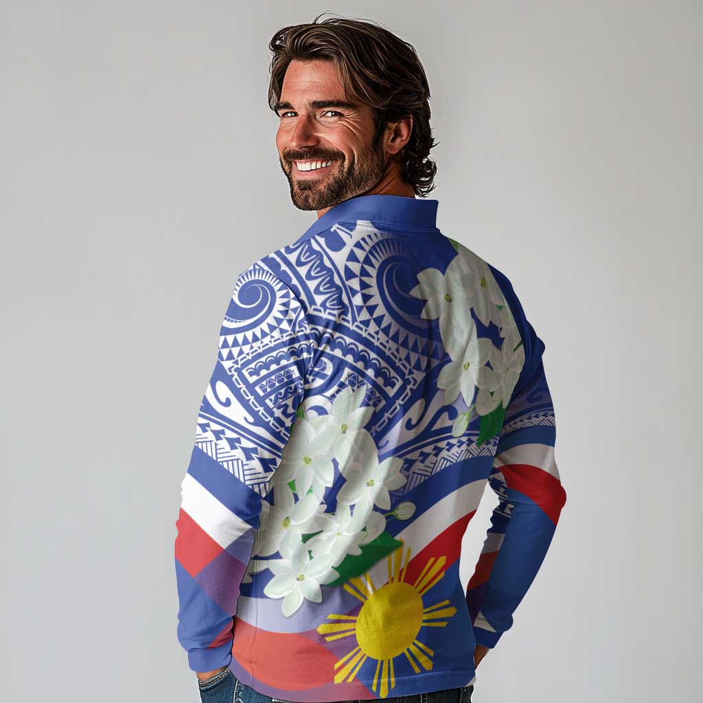 Philippines Flag Long Sleeve Polo Shirt Sampaguita Jasmine with Polynesian Tribal