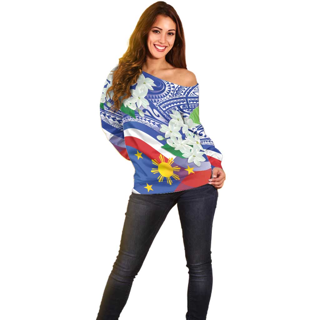 Philippines Flag Off Shoulder Sweater Sampaguita Jasmine with Polynesian Tribal