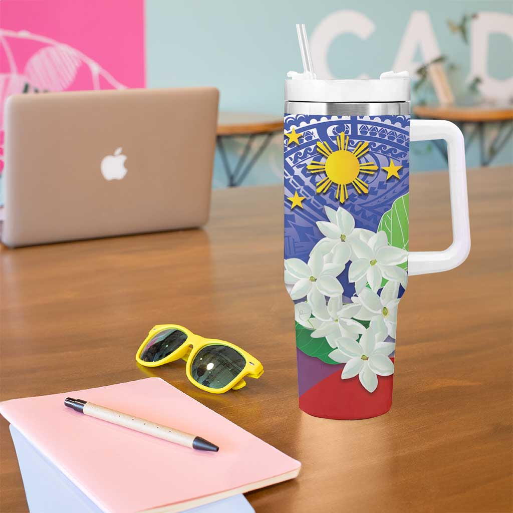 Philippines Flag Tumbler With Handle Sampaguita Jasmine with Polynesian Tribal LT9