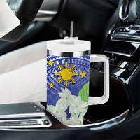 Philippines Flag Tumbler With Handle Sampaguita Jasmine with Polynesian Tribal LT9