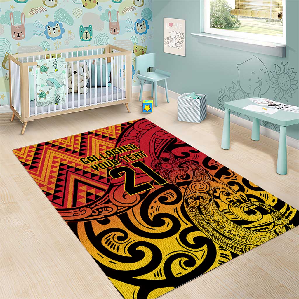 New Zealand Rangatira Custom Area Rug Red and Gold Niho Taniwha Maori Tribal