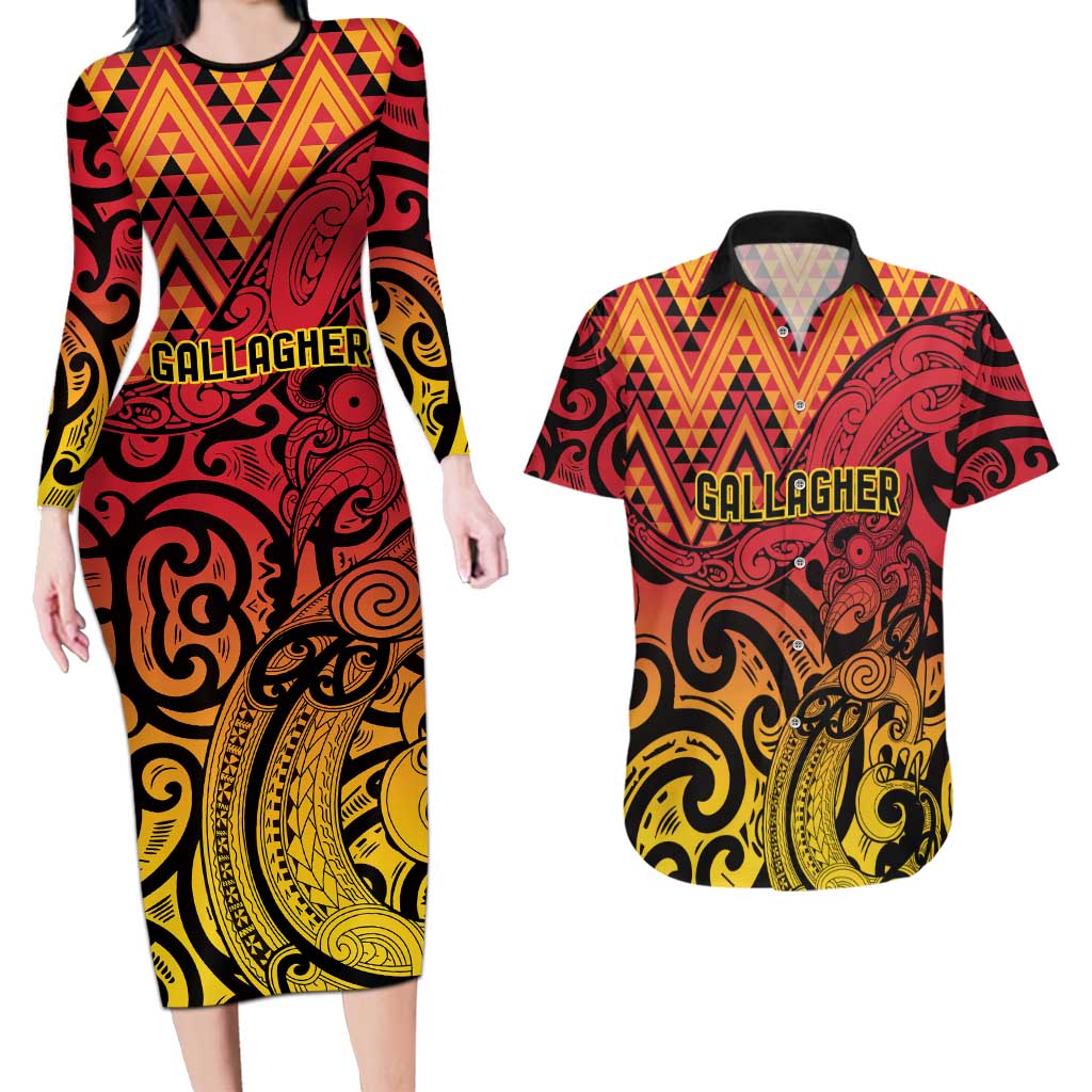 New Zealand Rangatira Custom Couples Matching Long Sleeve Bodycon Dress and Hawaiian Shirt Red and Gold Niho Taniwha Maori Tribal LT9 Gold - Polynesian Pride