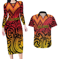 New Zealand Rangatira Custom Couples Matching Long Sleeve Bodycon Dress and Hawaiian Shirt Red and Gold Niho Taniwha Maori Tribal LT9 Gold - Polynesian Pride