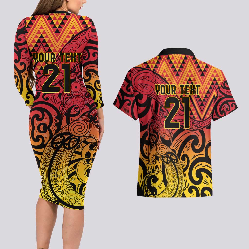 New Zealand Rangatira Custom Couples Matching Long Sleeve Bodycon Dress and Hawaiian Shirt Red and Gold Niho Taniwha Maori Tribal LT9 - Polynesian Pride