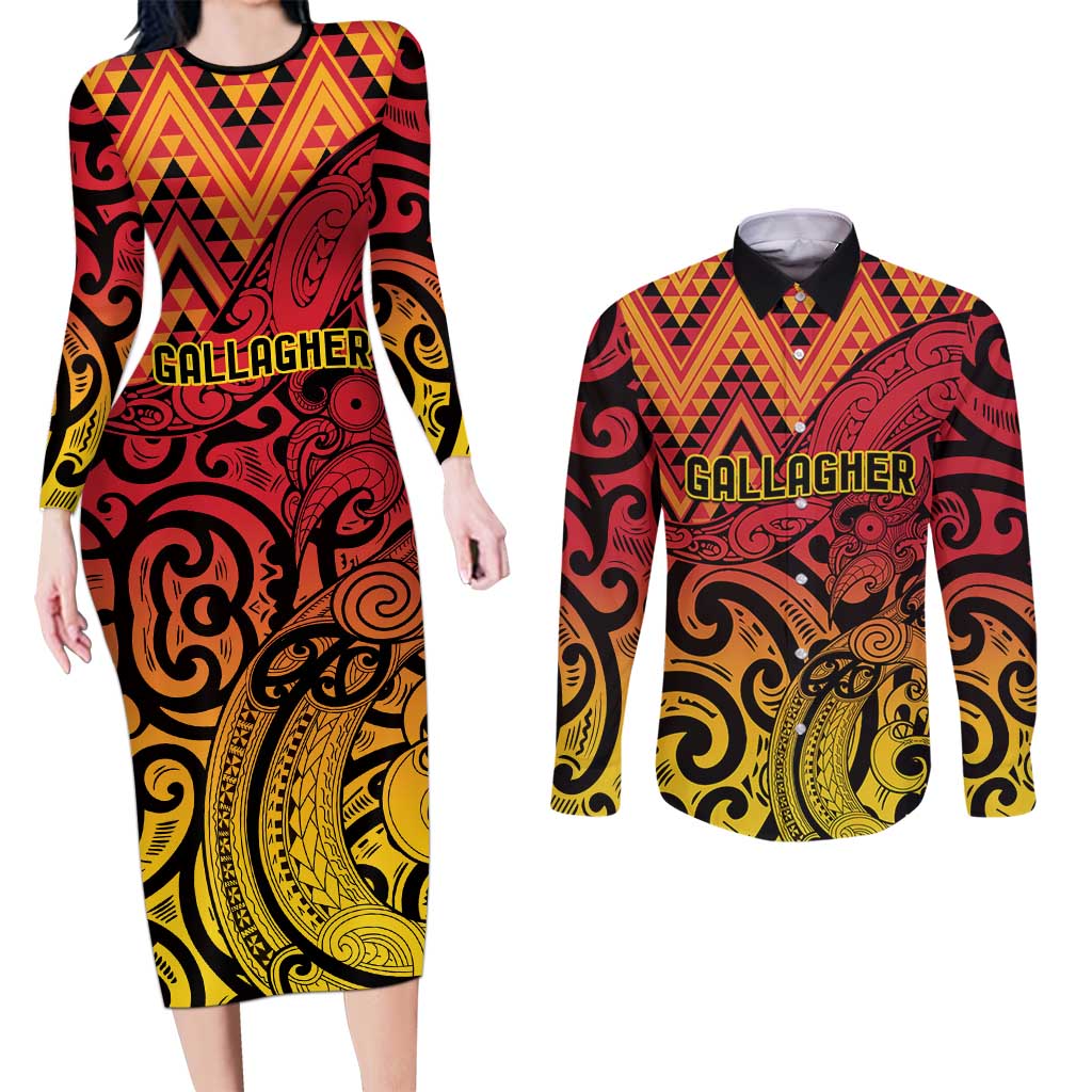 New Zealand Rangatira Custom Couples Matching Long Sleeve Bodycon Dress and Long Sleeve Button Shirt Red and Gold Niho Taniwha Maori Tribal LT9 Gold - Polynesian Pride