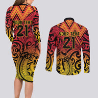 New Zealand Rangatira Custom Couples Matching Long Sleeve Bodycon Dress and Long Sleeve Button Shirt Red and Gold Niho Taniwha Maori Tribal LT9 - Polynesian Pride
