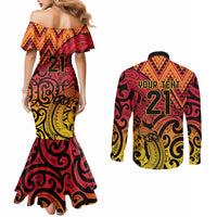 New Zealand Rangatira Custom Couples Matching Mermaid Dress and Long Sleeve Button Shirt Red and Gold Niho Taniwha Maori Tribal LT9 - Polynesian Pride