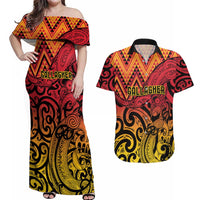 New Zealand Rangatira Custom Couples Matching Off Shoulder Maxi Dress and Hawaiian Shirt Red and Gold Niho Taniwha Maori Tribal LT9 Gold - Polynesian Pride
