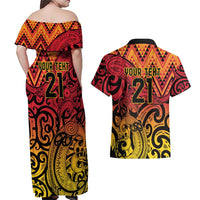 New Zealand Rangatira Custom Couples Matching Off Shoulder Maxi Dress and Hawaiian Shirt Red and Gold Niho Taniwha Maori Tribal LT9 - Polynesian Pride
