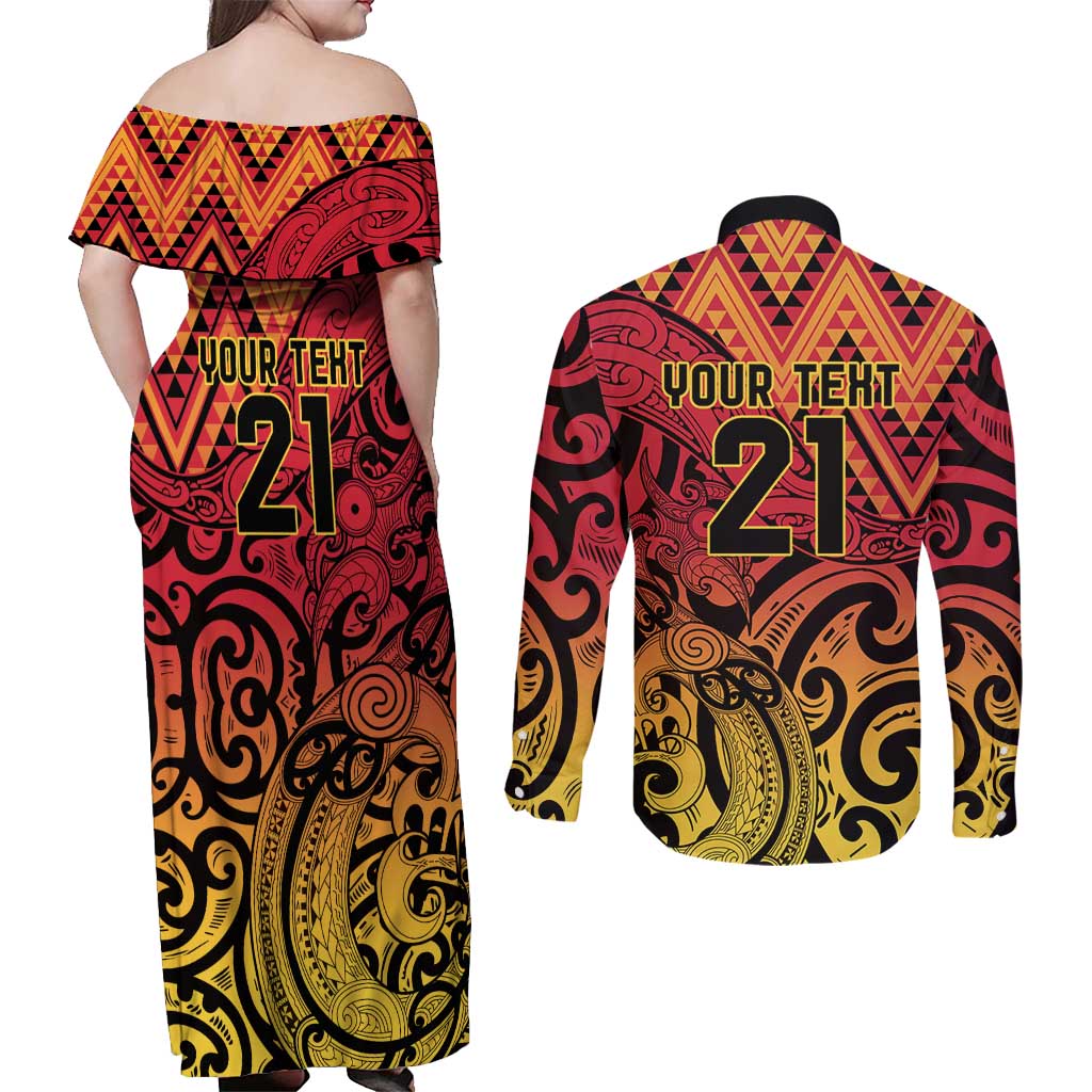 New Zealand Rangatira Custom Couples Matching Off Shoulder Maxi Dress and Long Sleeve Button Shirt Red and Gold Niho Taniwha Maori Tribal LT9 - Polynesian Pride