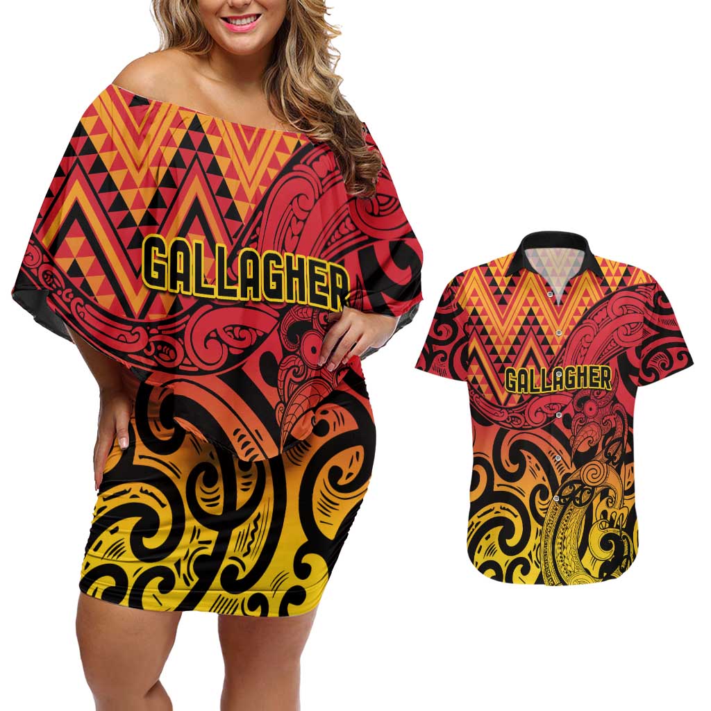 New Zealand Rangatira Custom Couples Matching Off Shoulder Short Dress and Hawaiian Shirt Red and Gold Niho Taniwha Maori Tribal LT9 Gold - Polynesian Pride