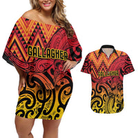 New Zealand Rangatira Custom Couples Matching Off Shoulder Short Dress and Hawaiian Shirt Red and Gold Niho Taniwha Maori Tribal LT9 Gold - Polynesian Pride
