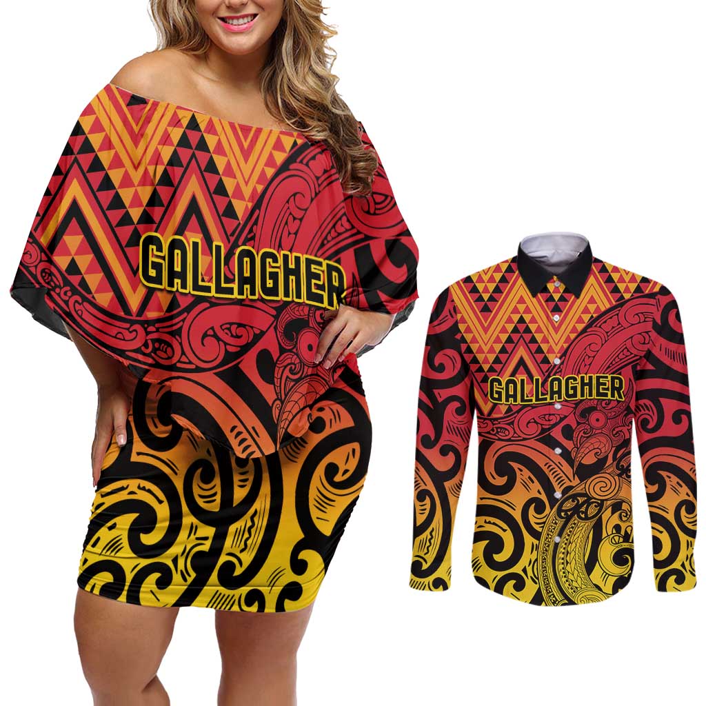 New Zealand Rangatira Custom Couples Matching Off Shoulder Short Dress and Long Sleeve Button Shirt Red and Gold Niho Taniwha Maori Tribal LT9 Gold - Polynesian Pride