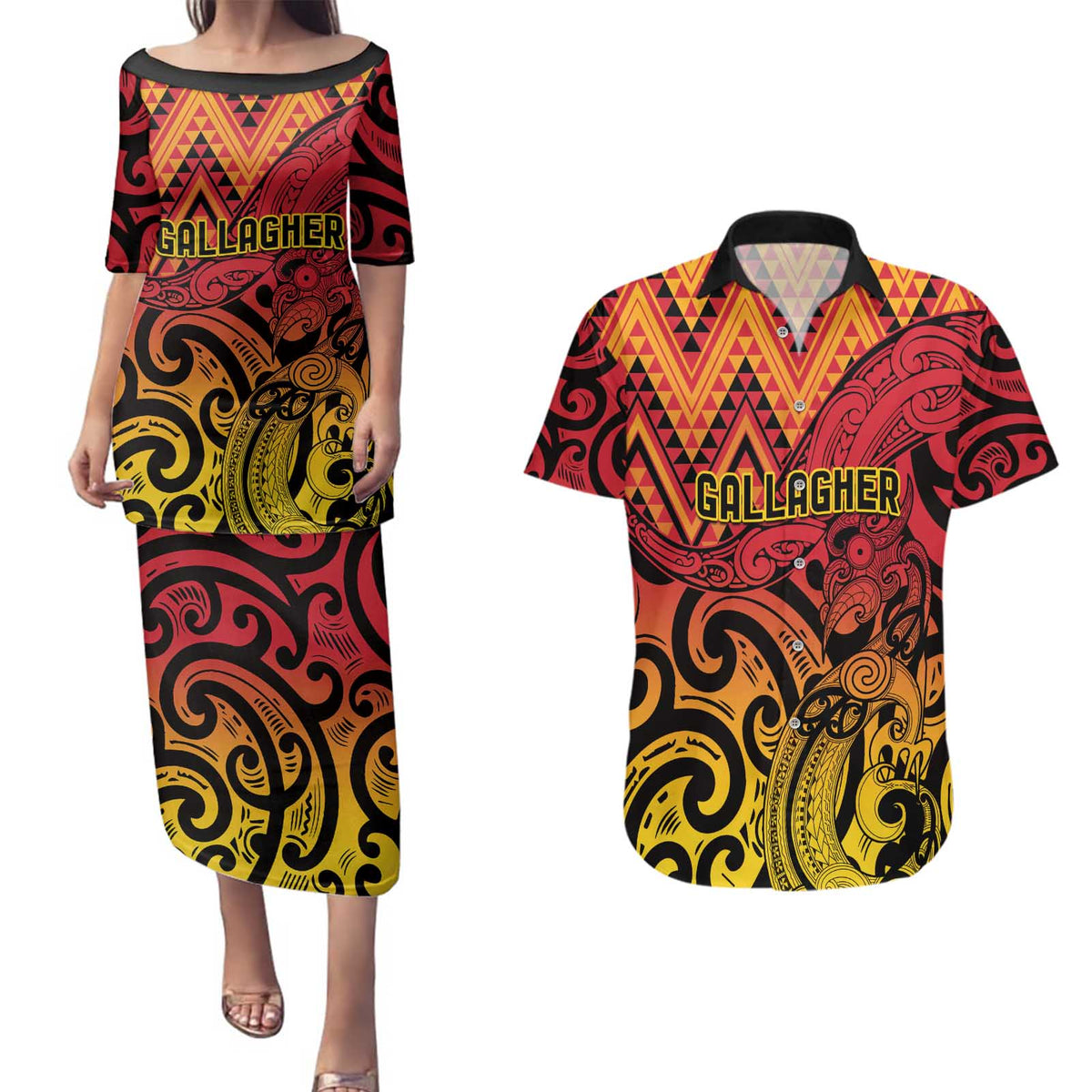New Zealand Rangatira Custom Couples Matching Puletasi and Hawaiian Shirt Red and Gold Niho Taniwha Maori Tribal LT9 Gold - Polynesian Pride