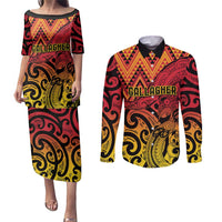 New Zealand Rangatira Custom Couples Matching Puletasi and Long Sleeve Button Shirt Red and Gold Niho Taniwha Maori Tribal LT9 Gold - Polynesian Pride