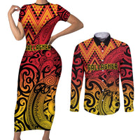 New Zealand Rangatira Custom Couples Matching Short Sleeve Bodycon Dress and Long Sleeve Button Shirt Red and Gold Niho Taniwha Maori Tribal LT9 Gold - Polynesian Pride