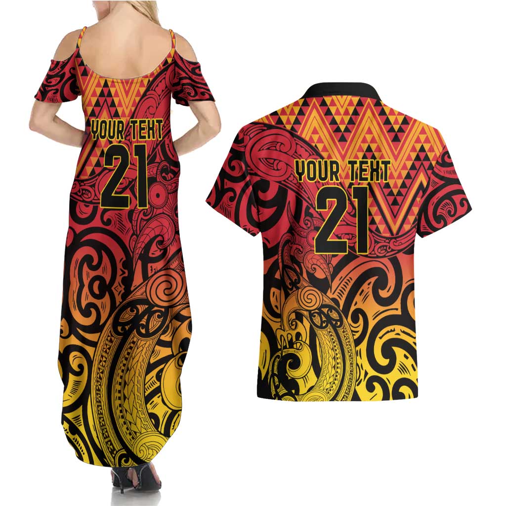 New Zealand Rangatira Custom Couples Matching Summer Maxi Dress and Hawaiian Shirt Red and Gold Niho Taniwha Maori Tribal LT9 - Polynesian Pride
