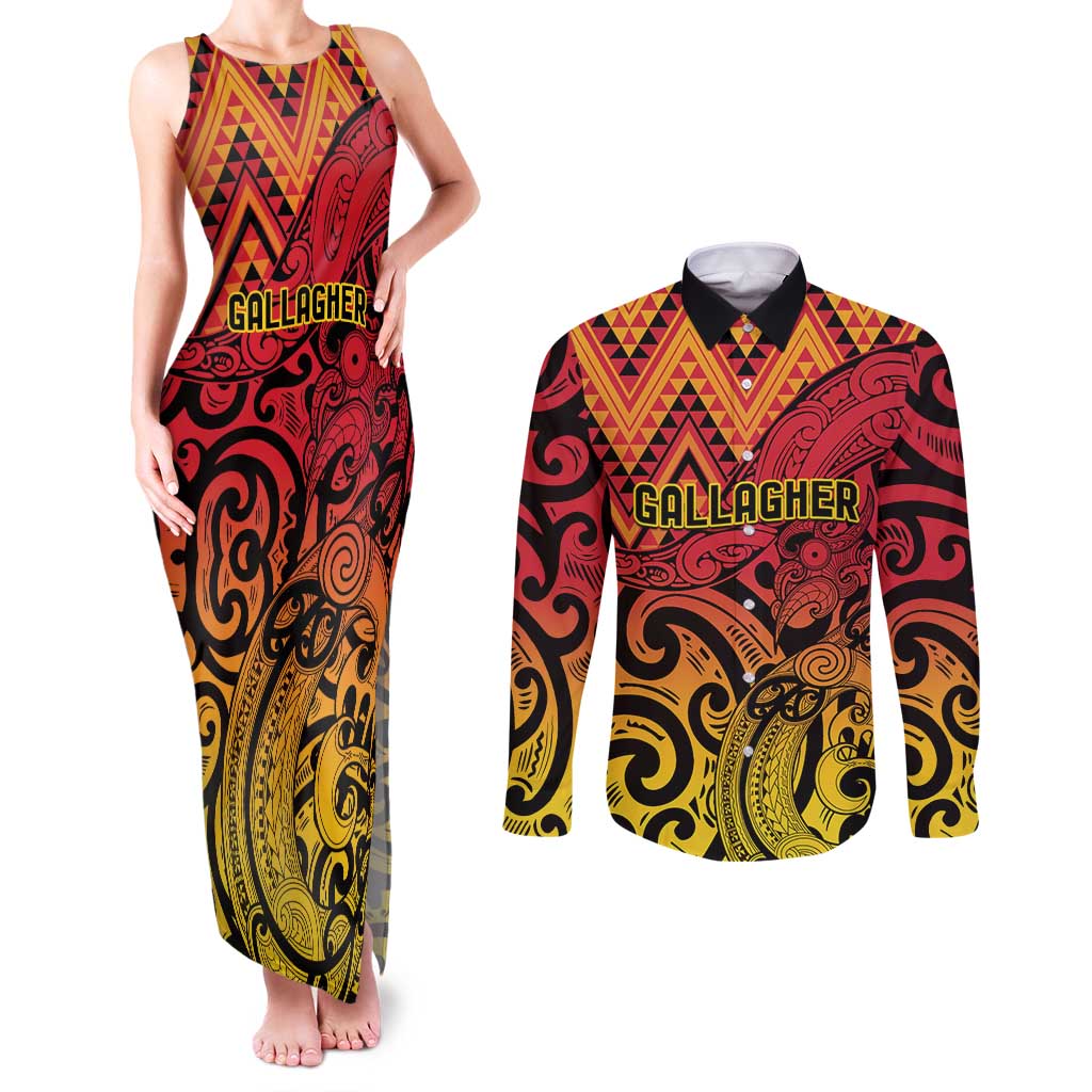 New Zealand Rangatira Custom Couples Matching Tank Maxi Dress and Long Sleeve Button Shirt Red and Gold Niho Taniwha Maori Tribal LT9 Gold - Polynesian Pride
