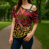 New Zealand Rangatira Custom Cross Shoulder Shirt Red and Gold Niho Taniwha Maori Tribal - Polynesian Pride