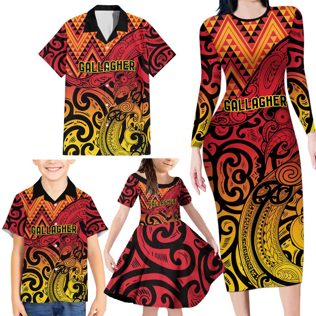 New Zealand Rangatira Custom Family Matching Long Sleeve Bodycon Dress and Hawaiian Shirt Red and Gold Niho Taniwha Maori Tribal LT9 - Polynesian Pride