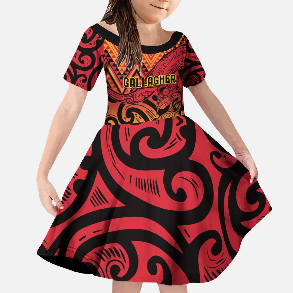 New Zealand Rangatira Custom Family Matching Mermaid Dress and Hawaiian Shirt Red and Gold Niho Taniwha Maori Tribal LT9 Daughter's Dress Gold - Polynesian Pride