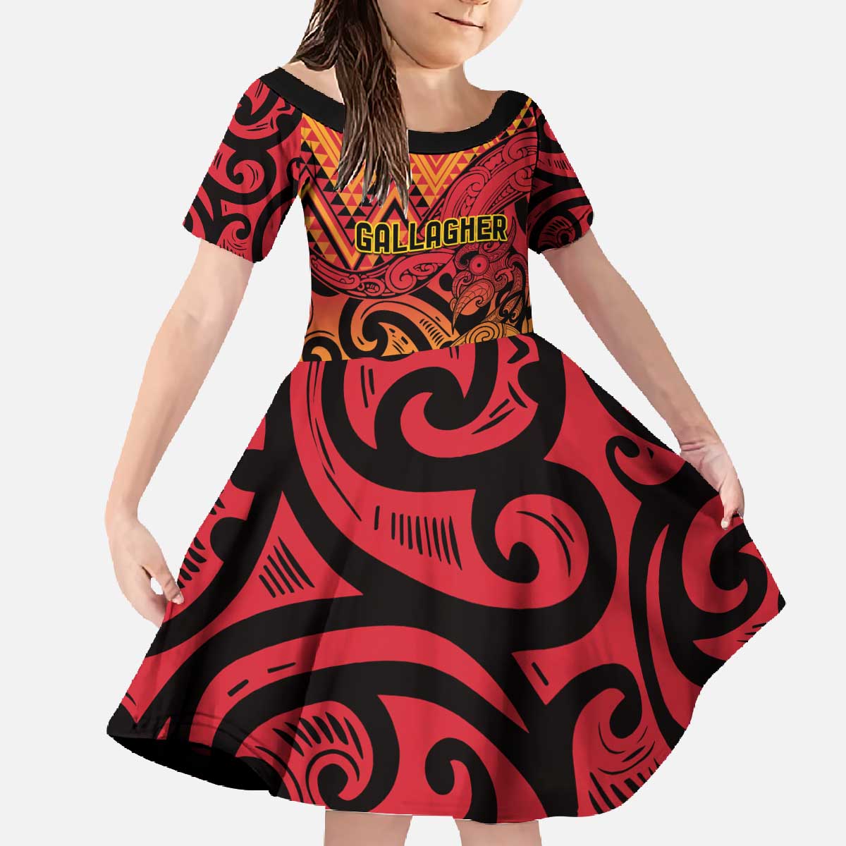 New Zealand Rangatira Custom Family Matching Off The Shoulder Long Sleeve Dress and Hawaiian Shirt Red and Gold Niho Taniwha Maori Tribal LT9 Daughter's Dress Gold - Polynesian Pride