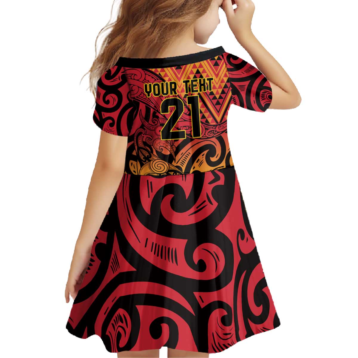 New Zealand Rangatira Custom Family Matching Off The Shoulder Long Sleeve Dress and Hawaiian Shirt Red and Gold Niho Taniwha Maori Tribal LT9 - Polynesian Pride