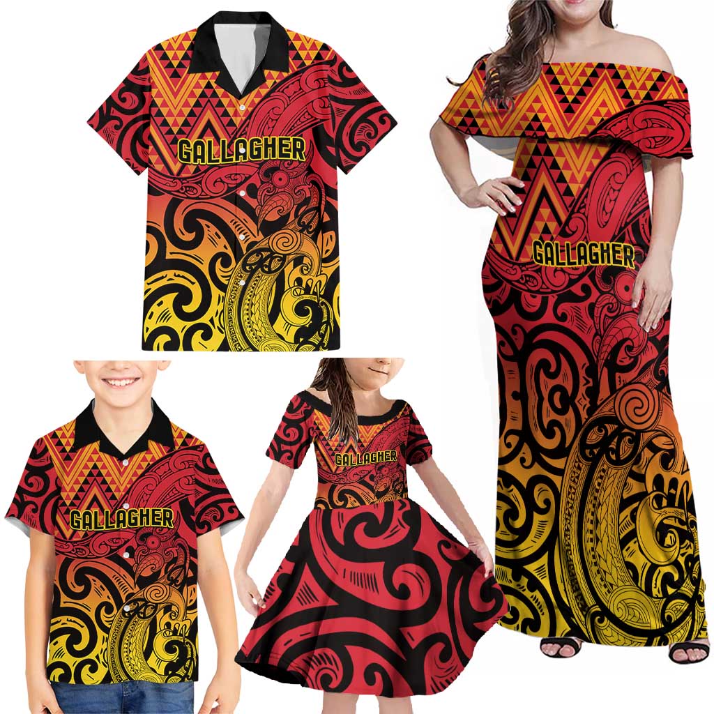 New Zealand Rangatira Custom Family Matching Off Shoulder Maxi Dress and Hawaiian Shirt Red and Gold Niho Taniwha Maori Tribal LT9 - Polynesian Pride