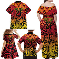 New Zealand Rangatira Custom Family Matching Off Shoulder Maxi Dress and Hawaiian Shirt Red and Gold Niho Taniwha Maori Tribal LT9 - Polynesian Pride