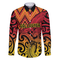 New Zealand Rangatira Custom Family Matching Off Shoulder Maxi Dress and Hawaiian Shirt Red and Gold Niho Taniwha Maori Tribal LT9 Dad's Shirt - Long Sleeve Gold - Polynesian Pride