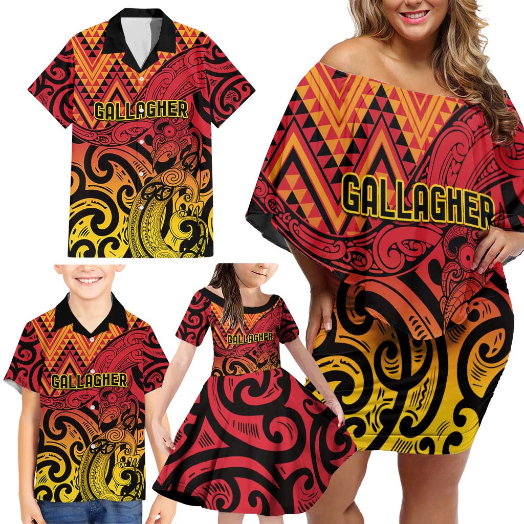 New Zealand Rangatira Custom Family Matching Off Shoulder Short Dress and Hawaiian Shirt Red and Gold Niho Taniwha Maori Tribal LT9 - Polynesian Pride