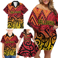 New Zealand Rangatira Custom Family Matching Off Shoulder Short Dress and Hawaiian Shirt Red and Gold Niho Taniwha Maori Tribal LT9 - Polynesian Pride