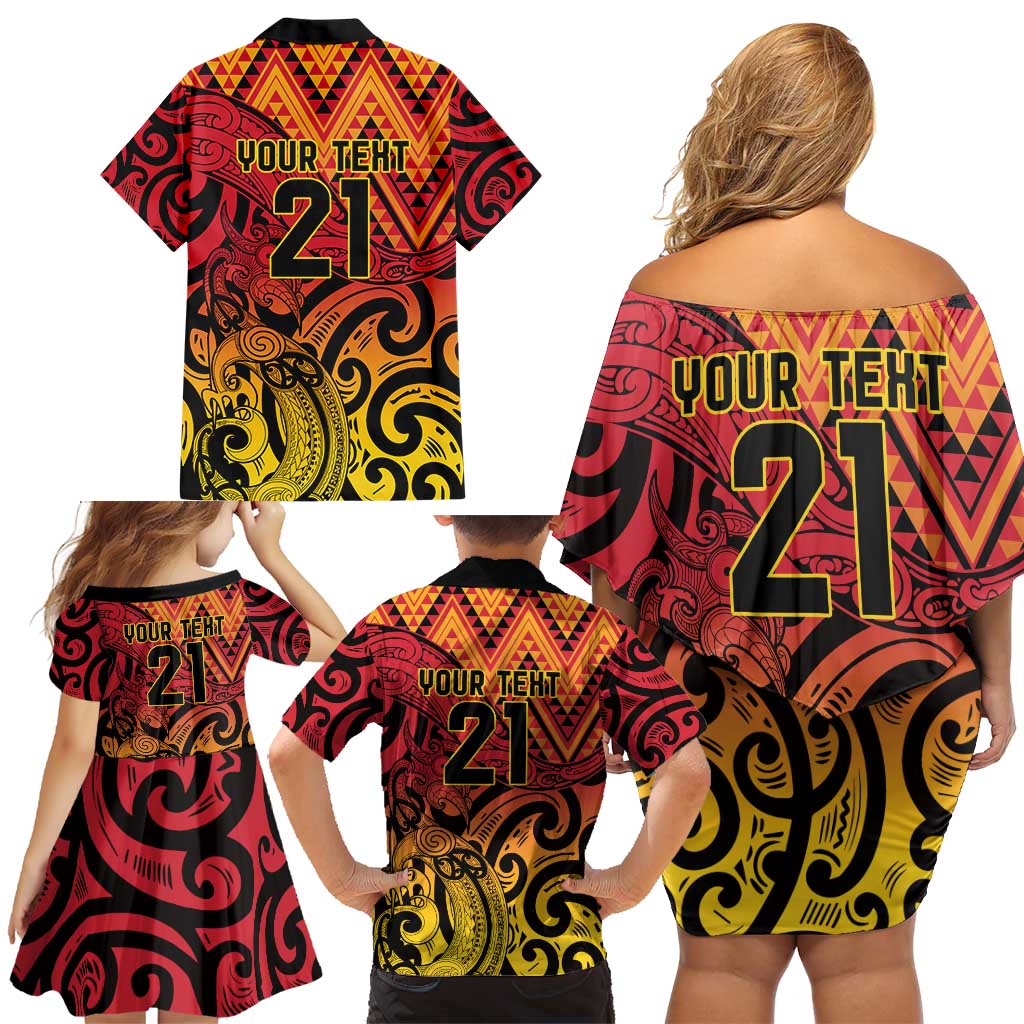 New Zealand Rangatira Custom Family Matching Off Shoulder Short Dress and Hawaiian Shirt Red and Gold Niho Taniwha Maori Tribal LT9 - Polynesian Pride