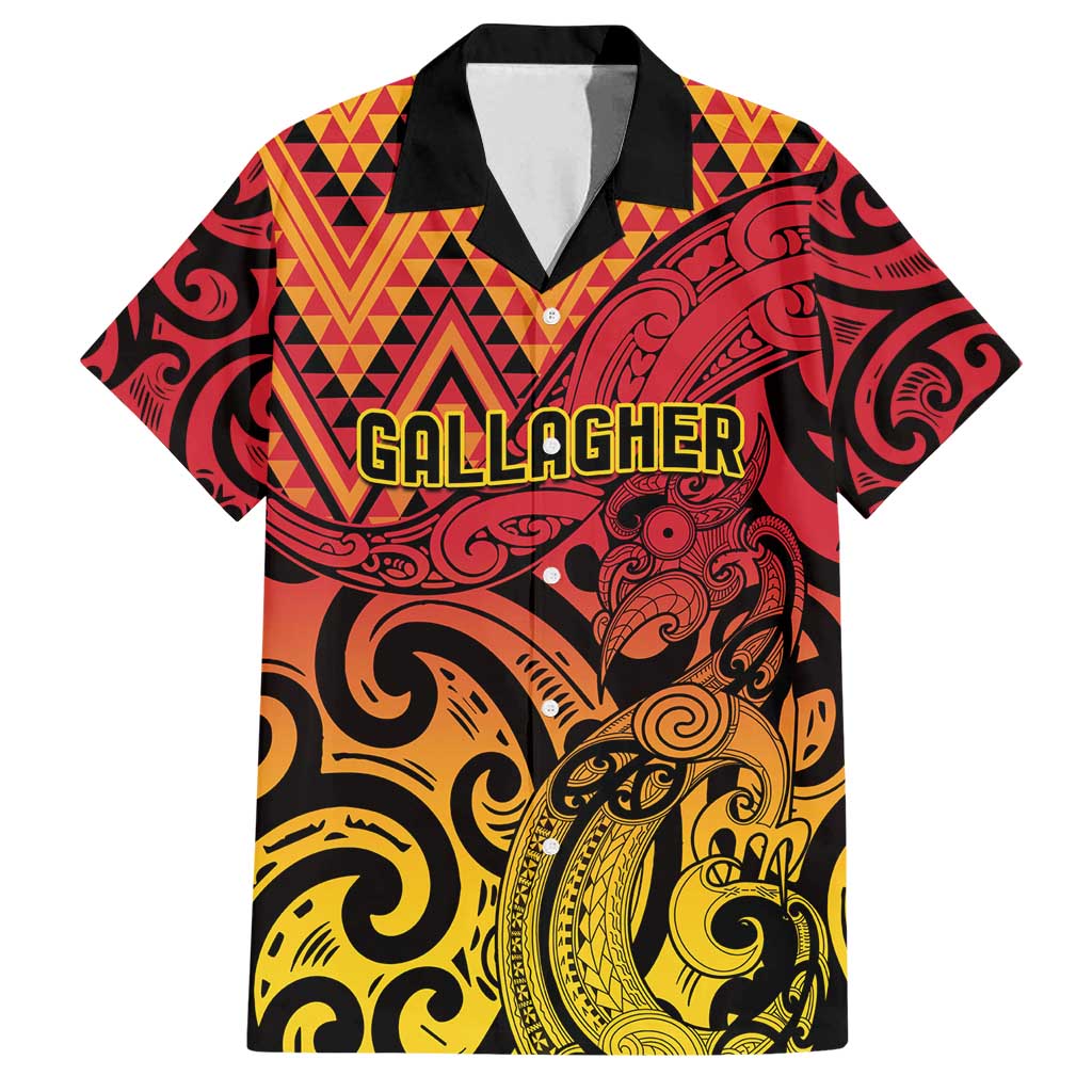 New Zealand Rangatira Custom Family Matching Off Shoulder Short Dress and Hawaiian Shirt Red and Gold Niho Taniwha Maori Tribal LT9 Dad's Shirt - Short Sleeve Gold - Polynesian Pride