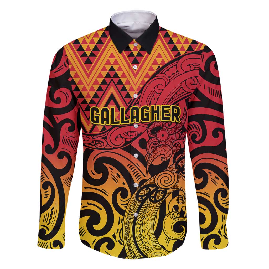 New Zealand Rangatira Custom Family Matching Off Shoulder Short Dress and Hawaiian Shirt Red and Gold Niho Taniwha Maori Tribal LT9 Dad's Shirt - Long Sleeve Gold - Polynesian Pride