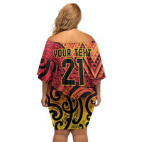 New Zealand Rangatira Custom Family Matching Off Shoulder Short Dress and Hawaiian Shirt Red and Gold Niho Taniwha Maori Tribal LT9 - Polynesian Pride