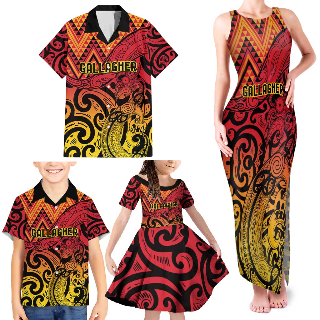 New Zealand Rangatira Custom Family Matching Tank Maxi Dress and Hawaiian Shirt Red and Gold Niho Taniwha Maori Tribal LT9 - Polynesian Pride