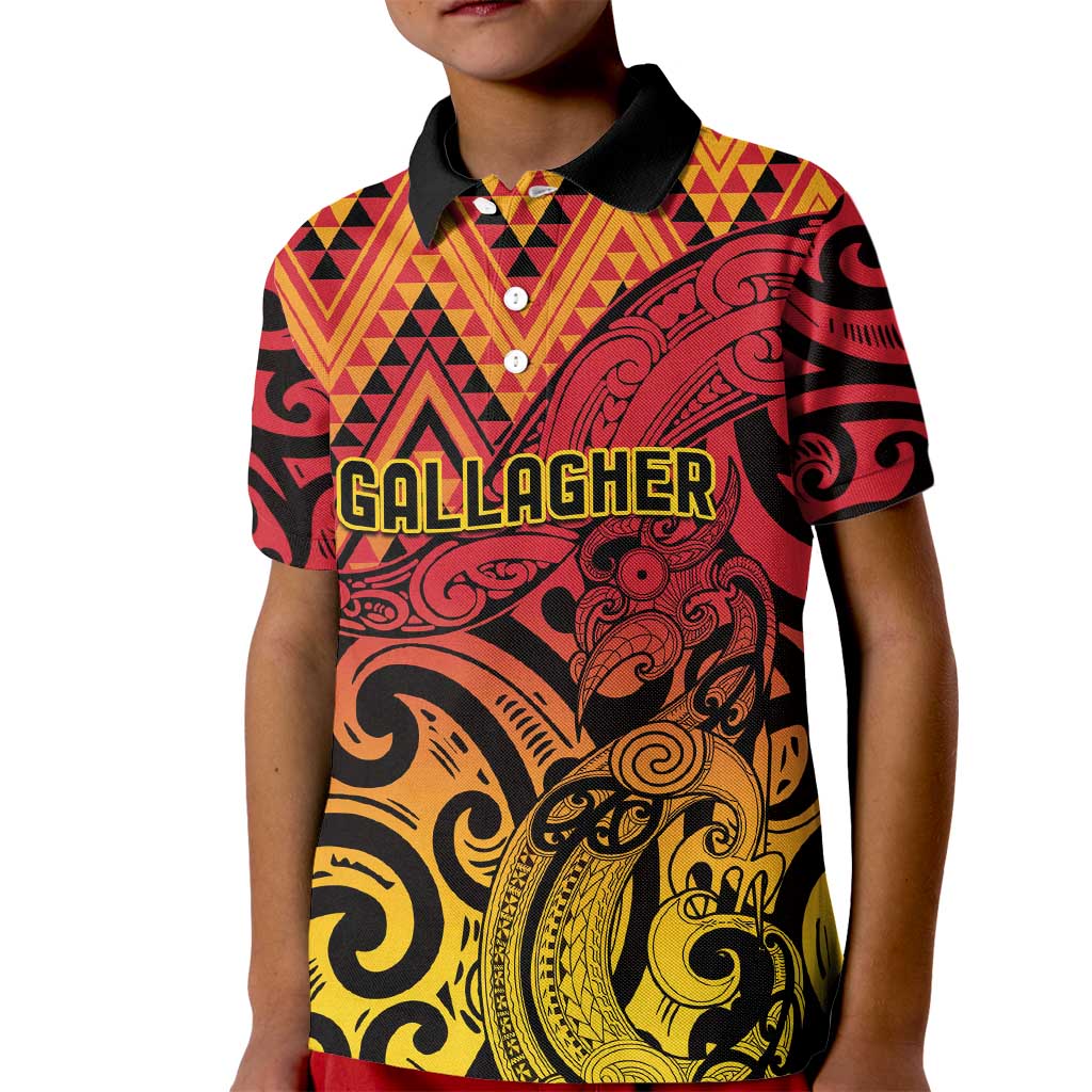 New Zealand Rangatira Custom Kid Polo Shirt Red and Gold Niho Taniwha Maori Tribal