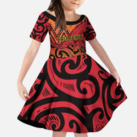 New Zealand Rangatira Custom Kid Short Sleeve Dress Red and Gold Niho Taniwha Maori Tribal LT9 KID Gold - Polynesian Pride