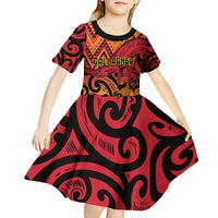 New Zealand Rangatira Custom Kid Short Sleeve Dress Red and Gold Niho Taniwha Maori Tribal LT9 - Polynesian Pride