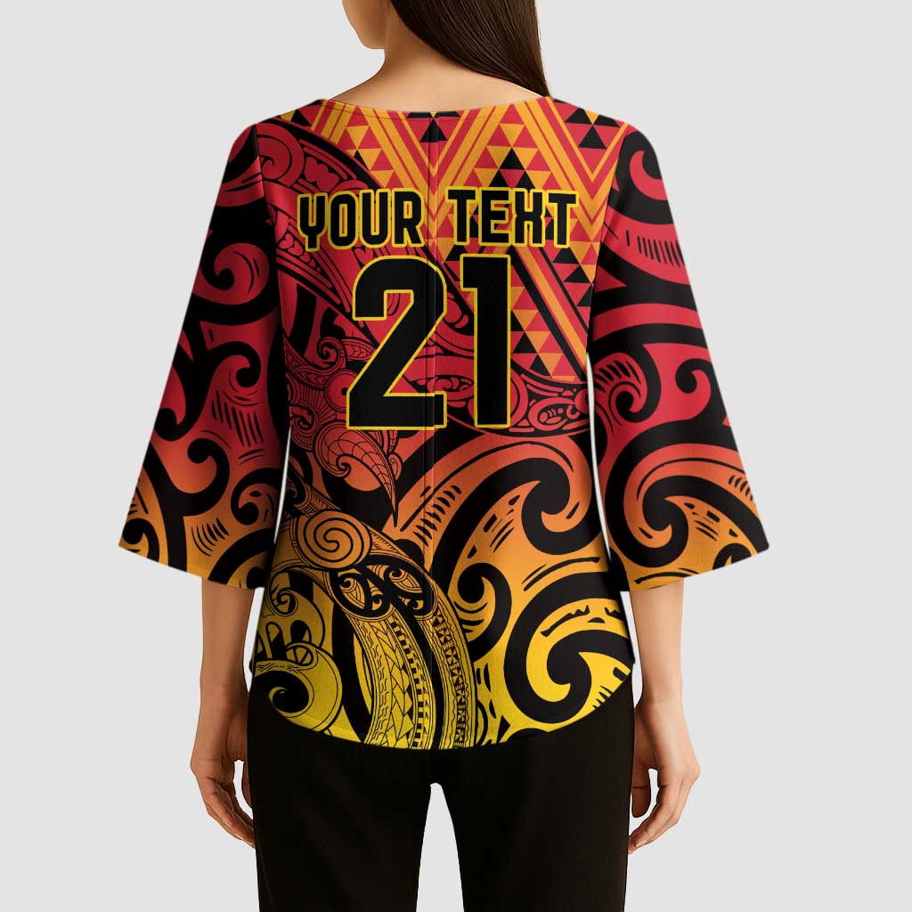 New Zealand Rangatira Custom Kimono Sleeve Blouse Red and Gold Niho Taniwha Maori Tribal - Polynesian Pride
