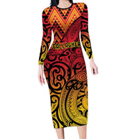 New Zealand Rangatira Custom Long Sleeve Bodycon Dress Red and Gold Niho Taniwha Maori Tribal LT9 Long Dress Gold - Polynesian Pride