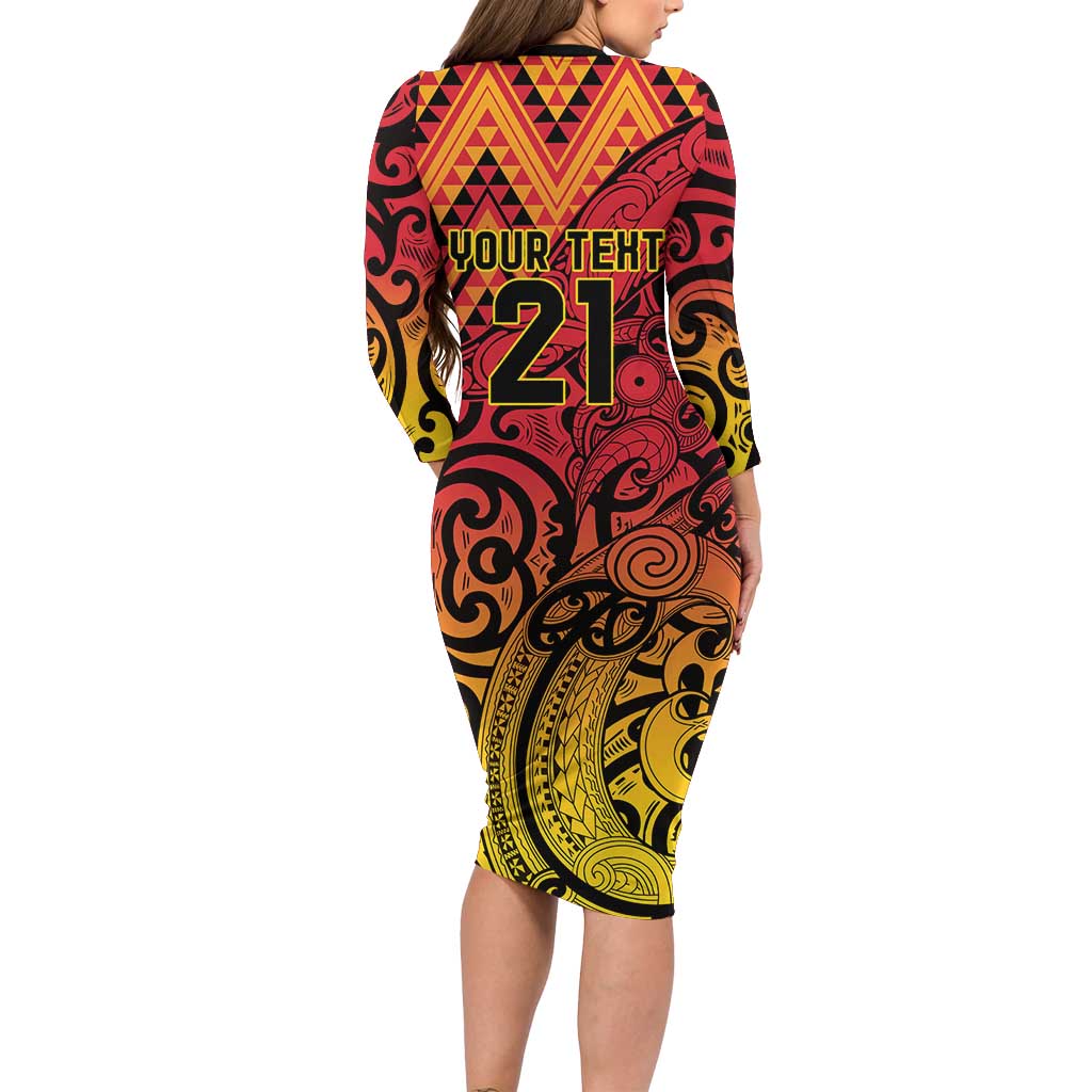 New Zealand Rangatira Custom Long Sleeve Bodycon Dress Red and Gold Niho Taniwha Maori Tribal LT9 - Polynesian Pride